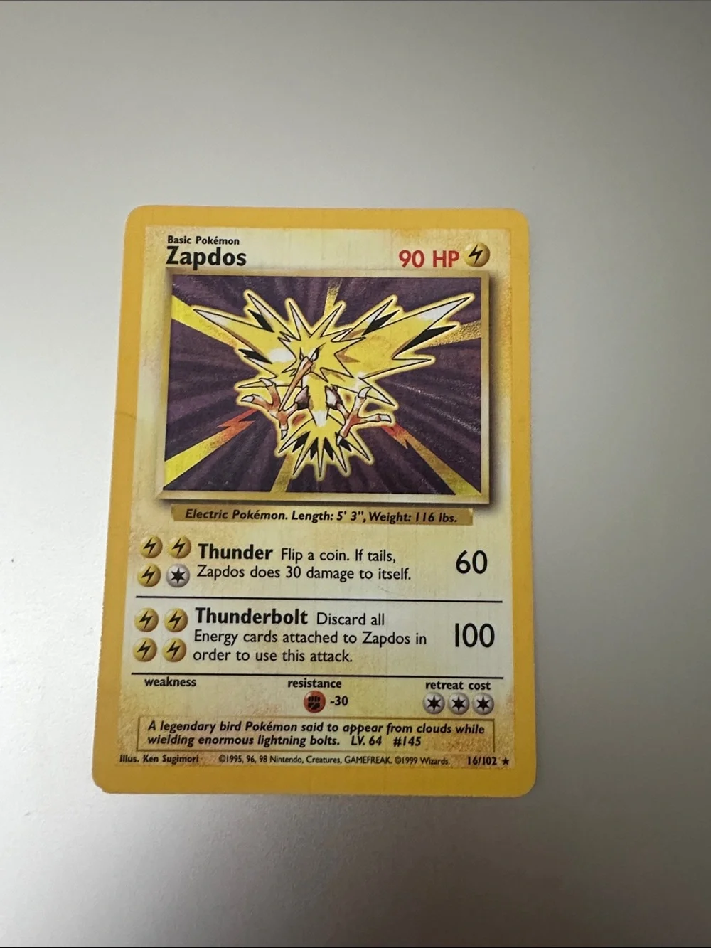 Zapdos Holo Rare Original 1999 Pokémon Base Set (16/102)